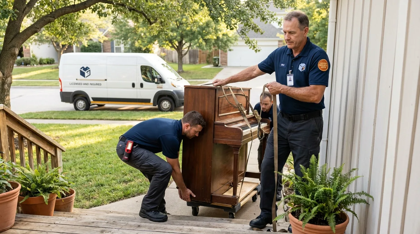 Licensed piano movers securing grand piano in Rutherford College, NC