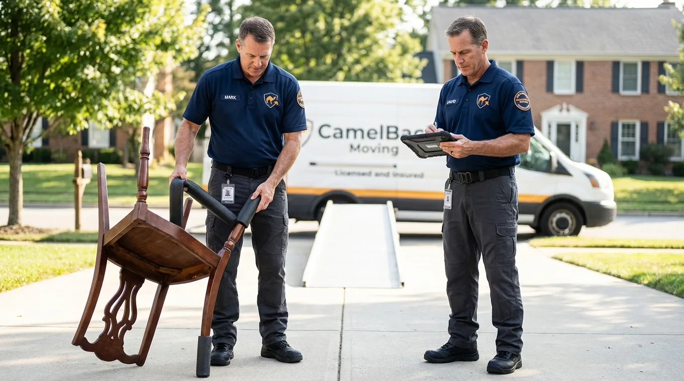 Movers inspecting furniture for damage prevention before loading in Rutherford College, NC