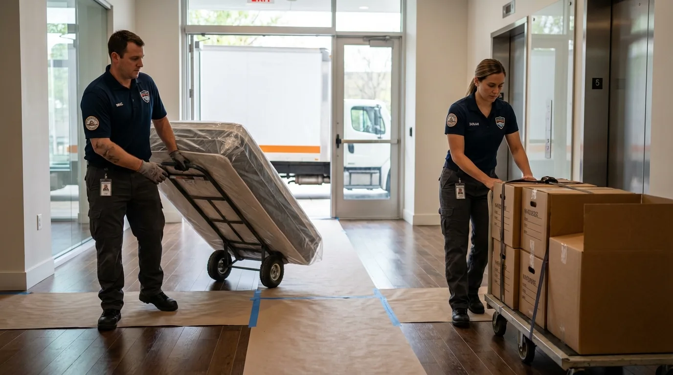 Professional apartment movers loading elevator in Rutherford College, NC